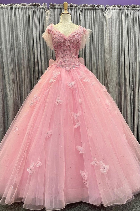 Tulle 3D Floral Lace Bow-Back Quinceanera Dresses with Flutter Sleeves