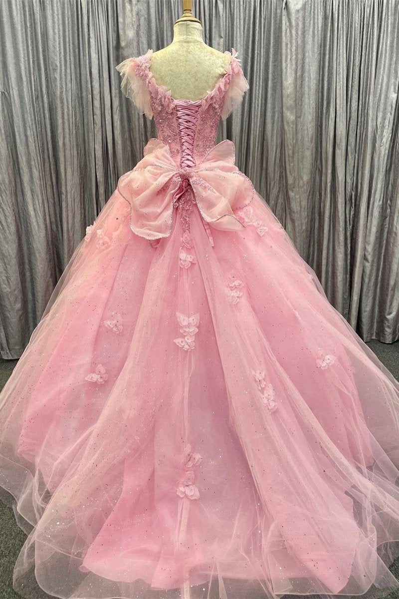 Tulle 3D Floral Lace Bow-Back Quinceanera Dresses with Flutter Sleeves
