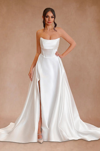 A-line Strapless Satin Wedding Dresses with Slit