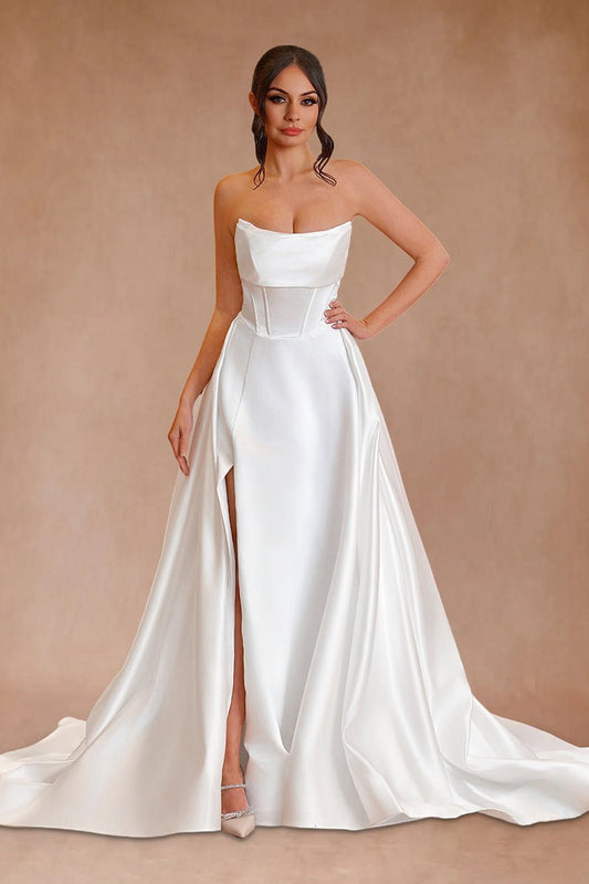 A-line Strapless Satin Wedding Dresses with Slit