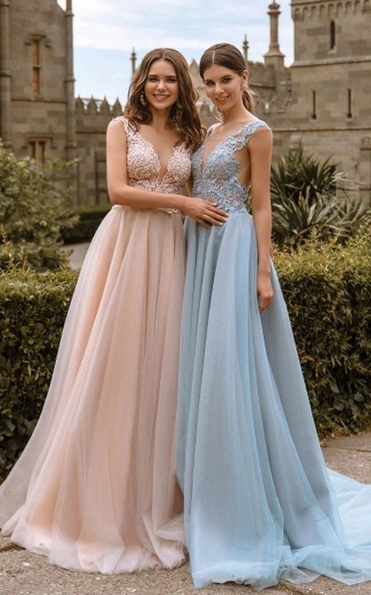 Lace V Neck Bridesmaid Dresses Illusion Back Tulle Dresses