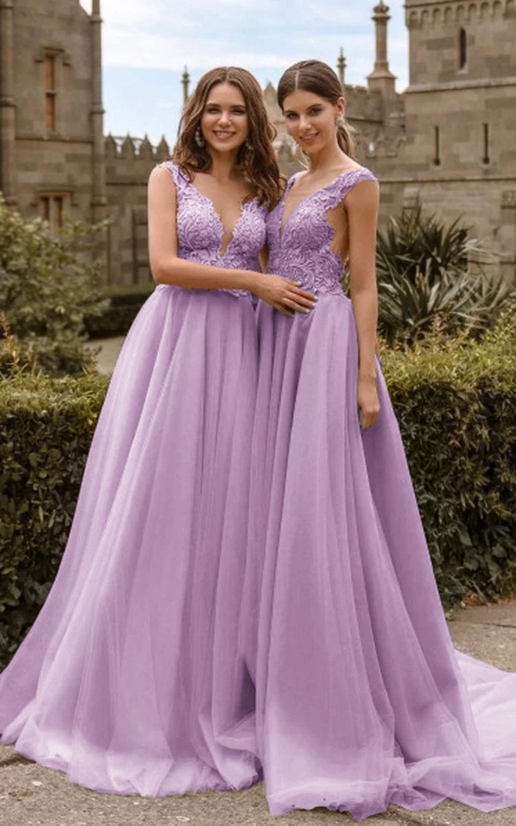 Lace V Neck Bridesmaid Dresses Illusion Back Tulle Dresses