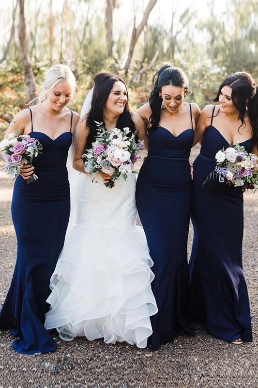 Navy Spaghetti Straps Mermaid Long Bridesmaid Dresses