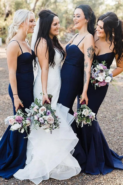 Navy Spaghetti Straps Mermaid Long Bridesmaid Dresses
