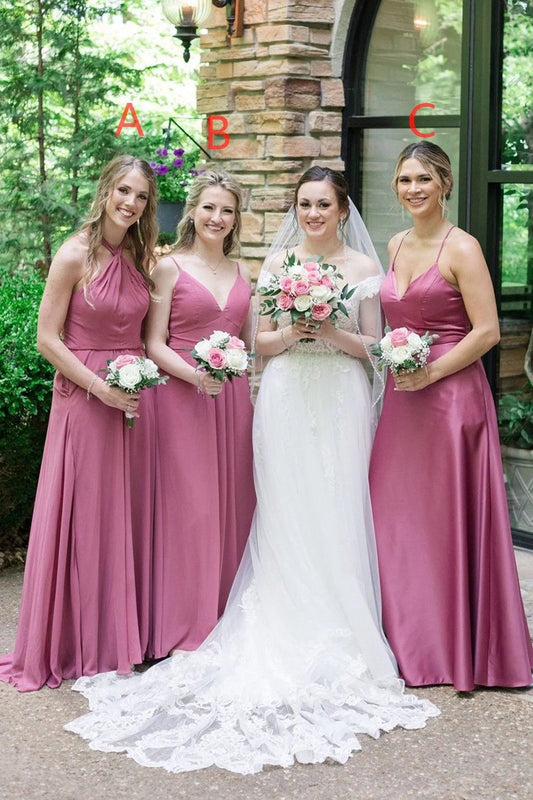 Mauve Chiffon Halter A-line Long Bridesmaid Dresses