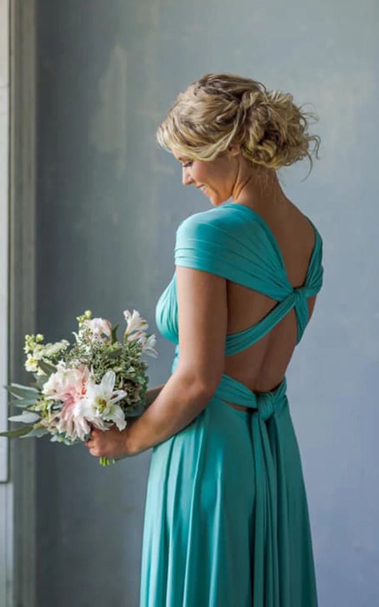 A-line Halter Neck Jersey Bridesmaid Dresses with Half Sleeves And Straps Back