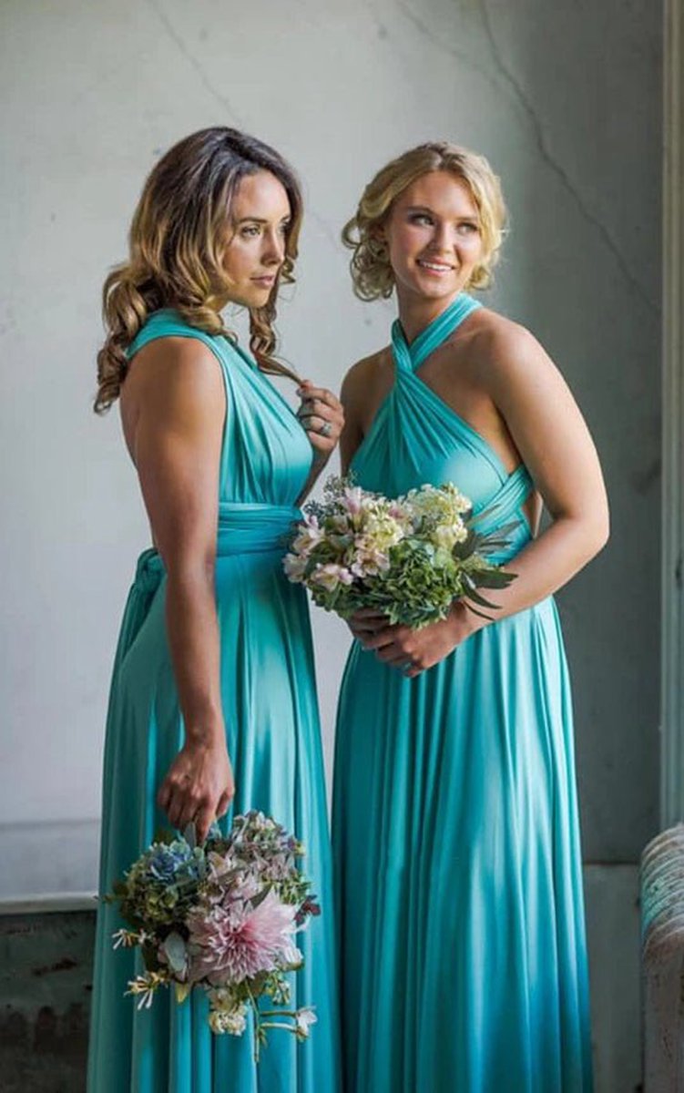 A-line Halter Neck Jersey Bridesmaid Dresses with Half Sleeves And Straps Back