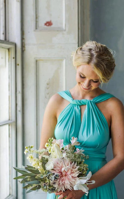 A-line Halter Neck Jersey Bridesmaid Dresses with Half Sleeves And Straps Back