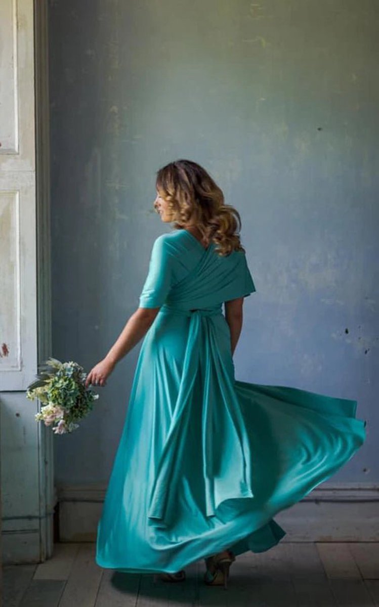 A-line Halter Neck Jersey Bridesmaid Dresses with Half Sleeves And Straps Back