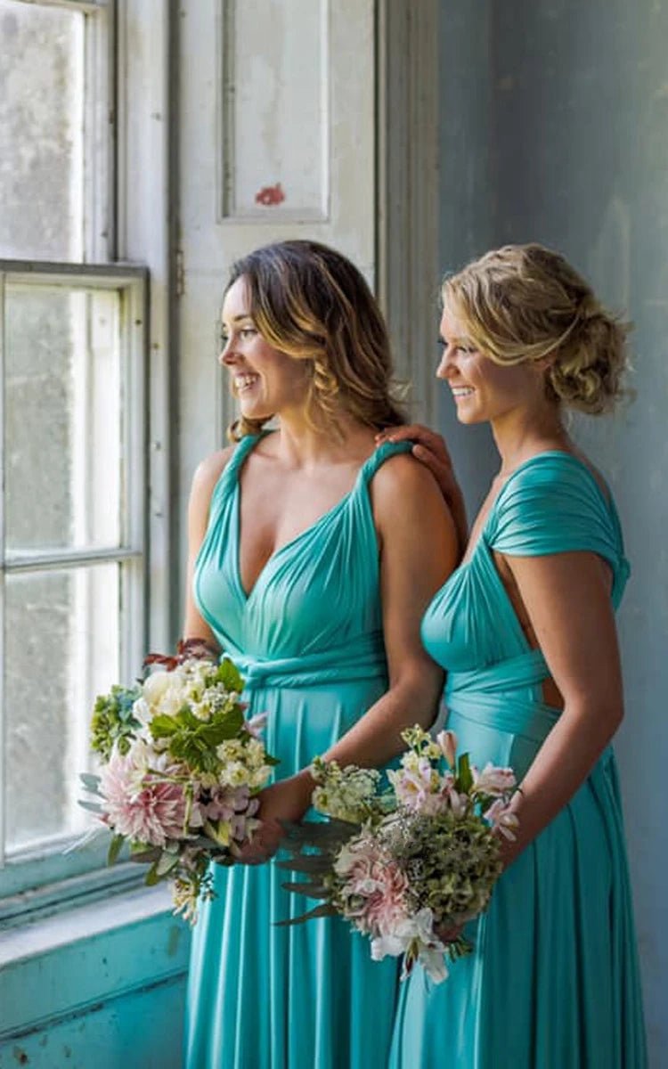 A-line Halter Neck Jersey Bridesmaid Dresses with Half Sleeves And Straps Back