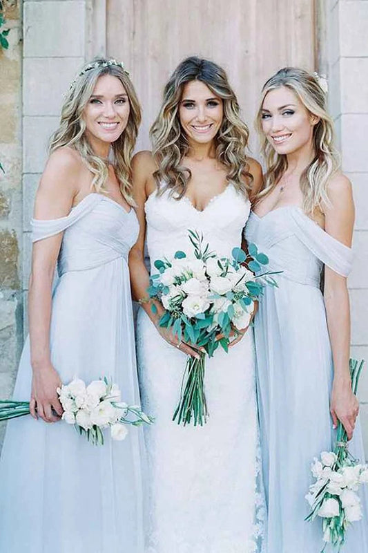 A-line Off the Shoulder Long Chiffon Boho Bridesmaid Dresses