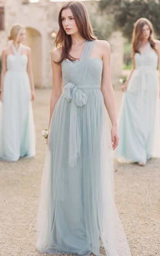 One-Shoulder Long Bowed Tulle Bridesmaid Dresses with Ruching