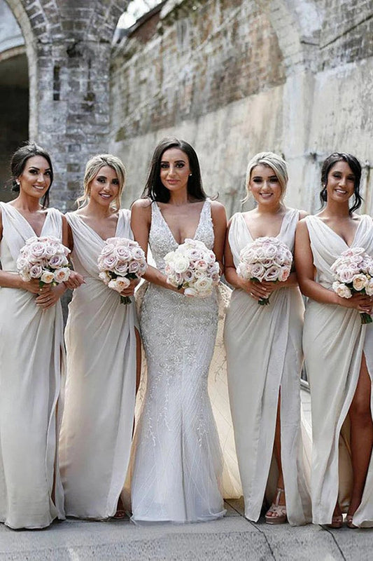 Sheath Chiffon Ruched Long Bridesmaid Dresses with Slit