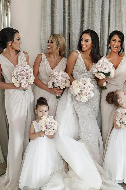 Sheath Chiffon Ruched Long Bridesmaid Dresses with Slit