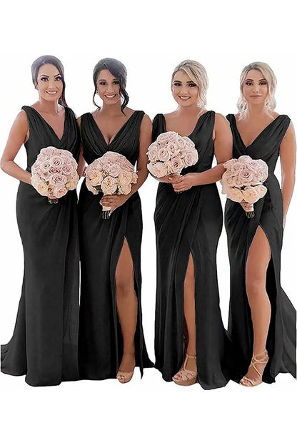 Sheath Chiffon Ruched Long Bridesmaid Dresses with Slit