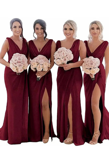 Sheath Chiffon Ruched Long Bridesmaid Dresses with Slit