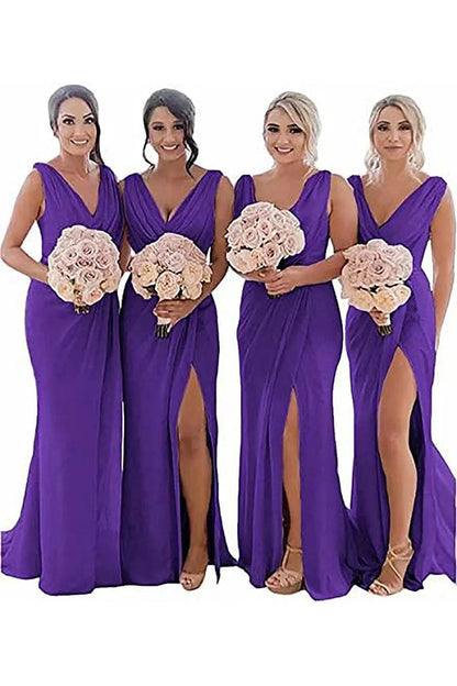 Sheath Chiffon Ruched Long Bridesmaid Dresses with Slit