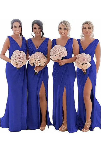Sheath Chiffon Ruched Long Bridesmaid Dresses with Slit