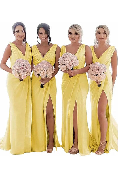 Sheath Chiffon Ruched Long Bridesmaid Dresses with Slit