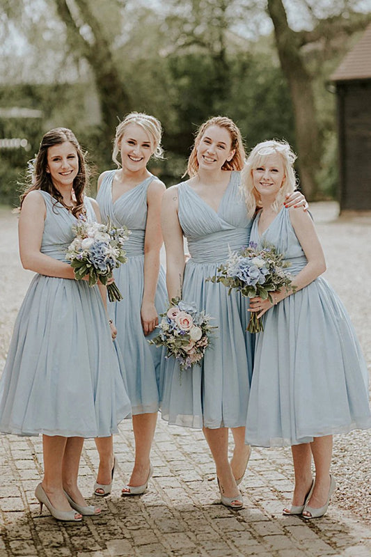 Dusty A-line Mid-Calf Ruched Chiffon Bridesmaid Dresses