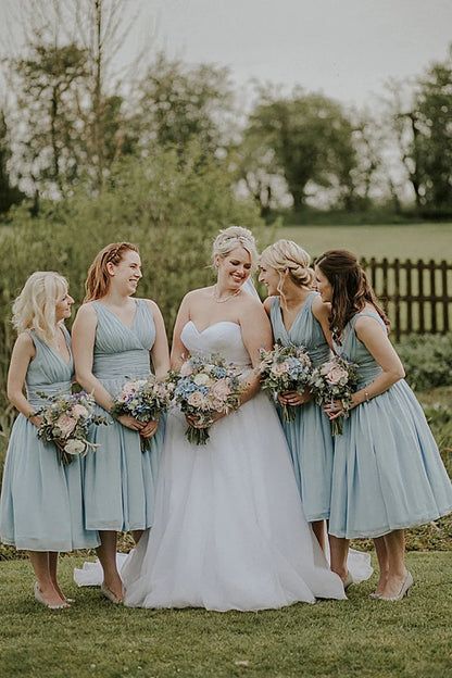 Dusty A-line Mid-Calf Ruched Chiffon Bridesmaid Dresses