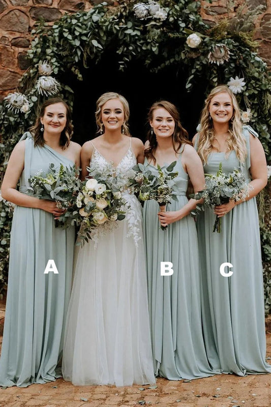 Chiffon Spaghetti Straps A-line Long Bridesmaid Dresses