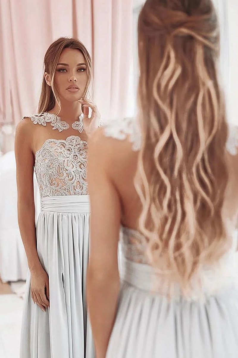 A-line Illusion Round Neck Long Chiffon Bridesmaid Dresses with Lace