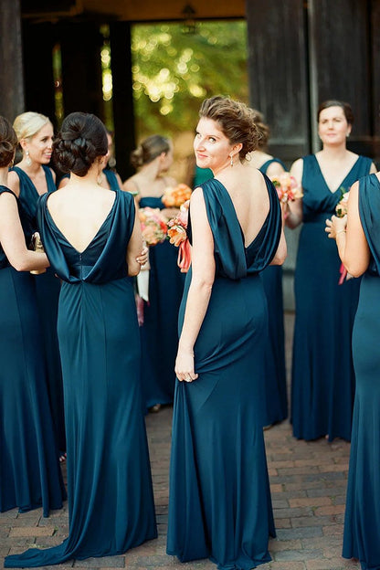 Peacock Mermaid V-Neck Long Bridesmaid Dresses