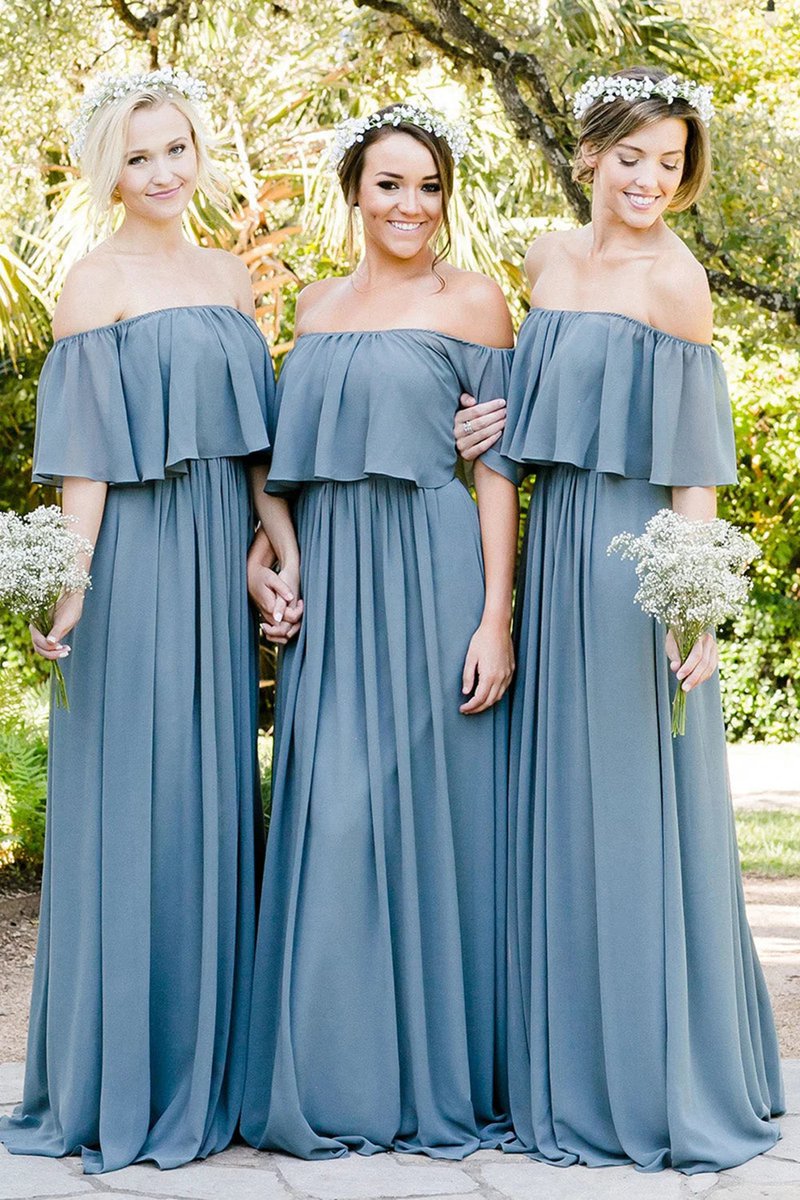 Dusty A-line Off the Shoulder Long Chiffon Boho Bridesmaid Dresses