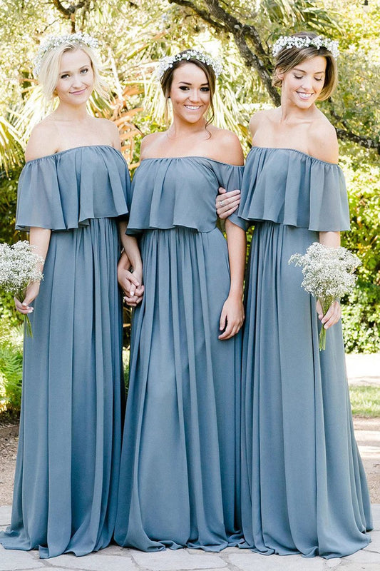 Dusty A-line Off the Shoulder Long Chiffon Boho Bridesmaid Dresses