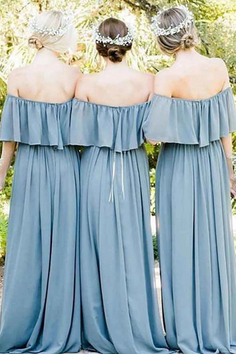 Dusty A-line Off the Shoulder Long Chiffon Boho Bridesmaid Dresses
