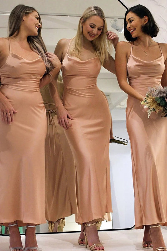 Dusty Rose Satin Sheath Lace-Up Back Bridesmaid Dresses