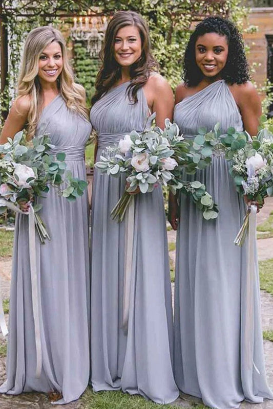 Dusty One Shoulder Chiffon Long Boho Pleated Bridesmaid Dresses