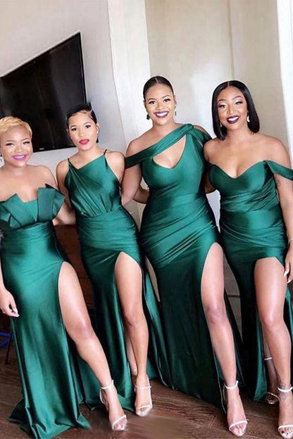 Satin One Shoulder Cutout Long Bridesmaid Dresses with Side Slit