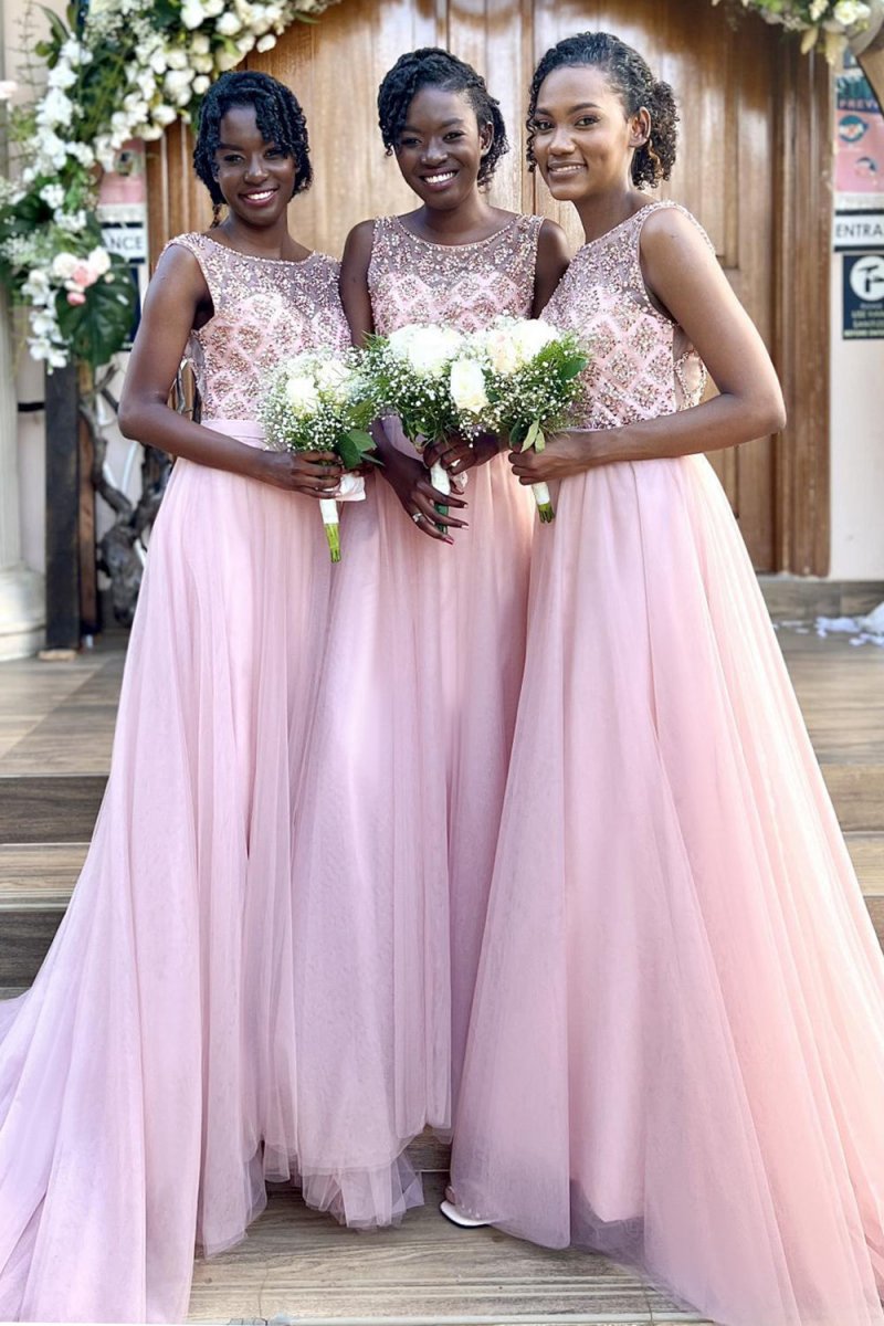 Sparkly Beaded Long Tulle Bridesmaid Prom Dresses