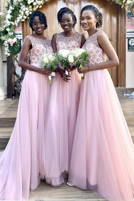 Sparkly Beaded Long Tulle Bridesmaid Prom Dresses