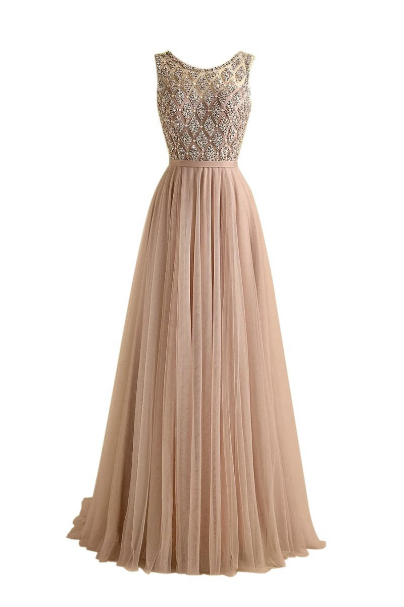 Sparkly Beaded Long Tulle Bridesmaid Prom Dresses