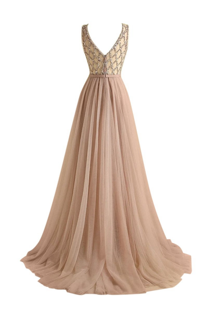 Sparkly Beaded Long Tulle Bridesmaid Prom Dresses