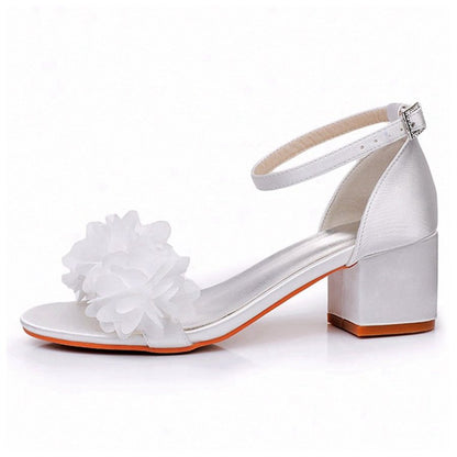 Floral Satin Open Toe Low Chunky Heels