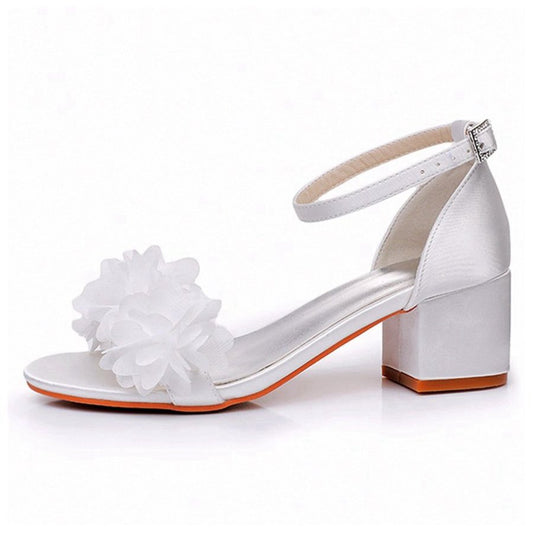 Floral Satin Open Toe Low Chunky Heels