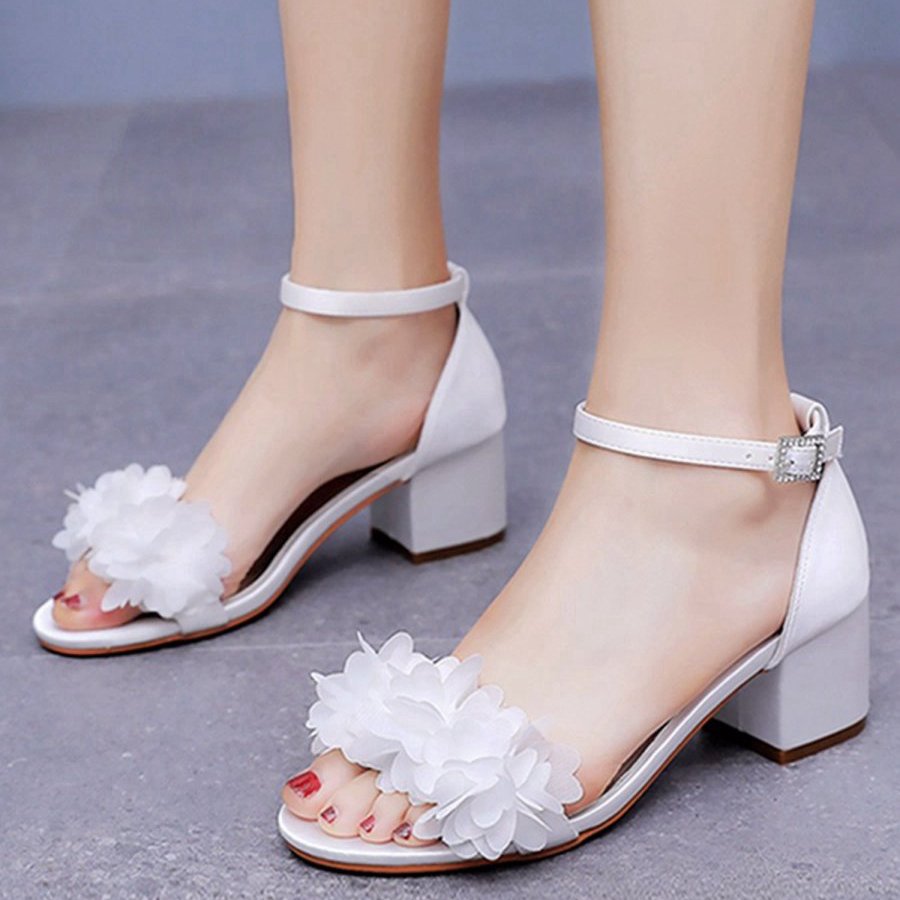 Floral Satin Open Toe Low Chunky Heels
