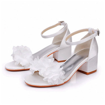Floral Satin Open Toe Low Chunky Heels