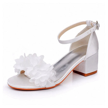 Floral Satin Open Toe Low Chunky Heels