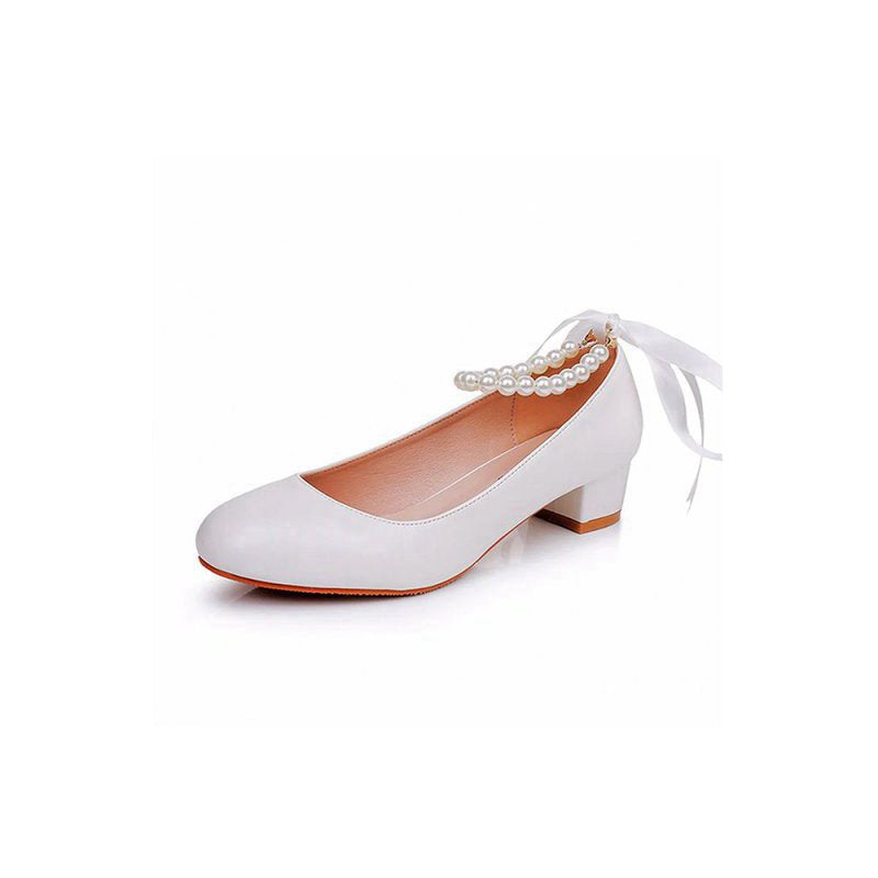 Round Toe Low Chunky Heels Beaded Wedding Shoes