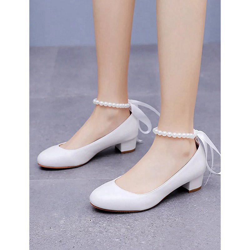 Round Toe Low Chunky Heels Beaded Wedding Shoes