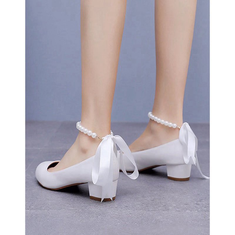 Round Toe Low Chunky Heels Beaded Wedding Shoes