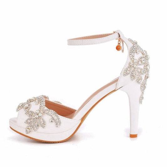 Rhinestone Flowers Decor Peep Toe Platform Stiletto Ankle-strap High Heels