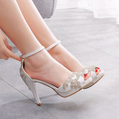 Rhinestone Flowers Decor Peep Toe Platform Stiletto Ankle-strap High Heels
