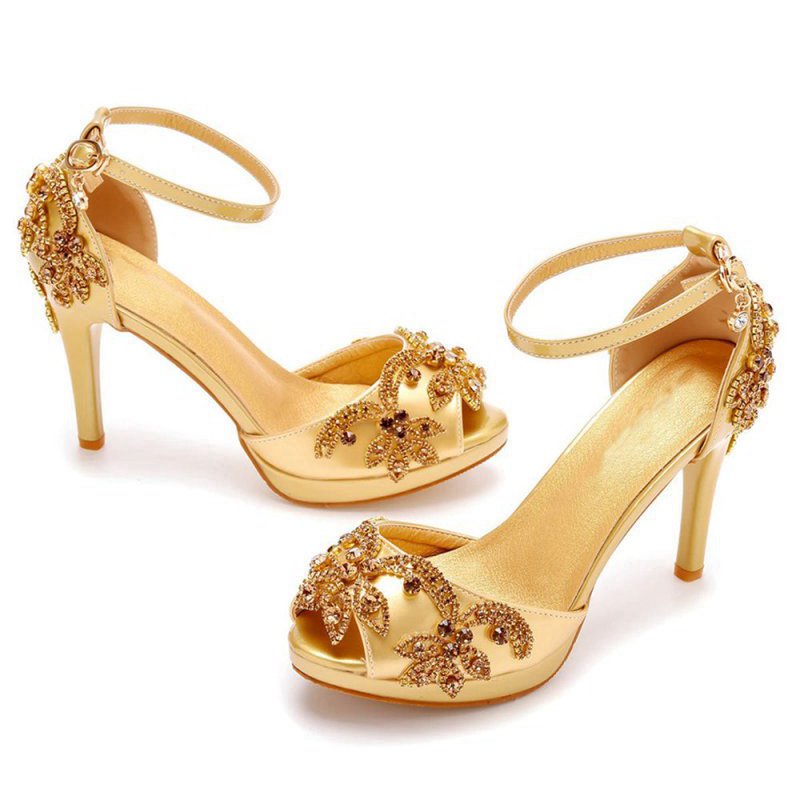 Rhinestone Flowers Decor Peep Toe Platform Stiletto Ankle-strap High Heels
