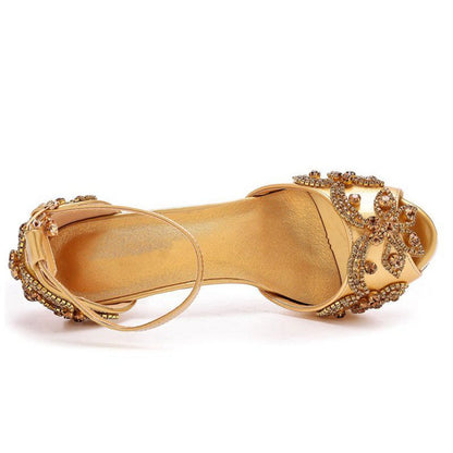 Rhinestone Flowers Decor Peep Toe Platform Stiletto Ankle-strap High Heels